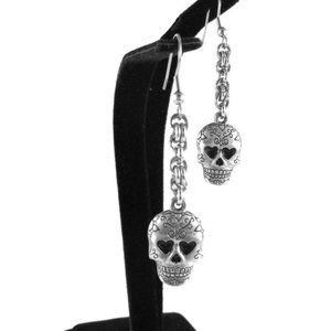 Sugar Skull Steel Chainmail Dangle Earrings Jewelry Day of the Dead Gothic Punk
